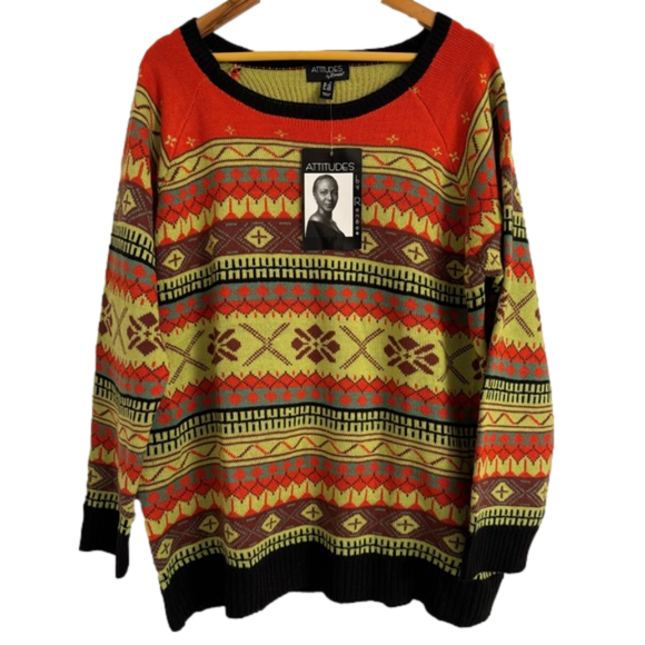 NWT Attitudes by Renee Global Illusions Fair Isle Sweater Chartreuse Women’s 1X - Picture 2 of 8